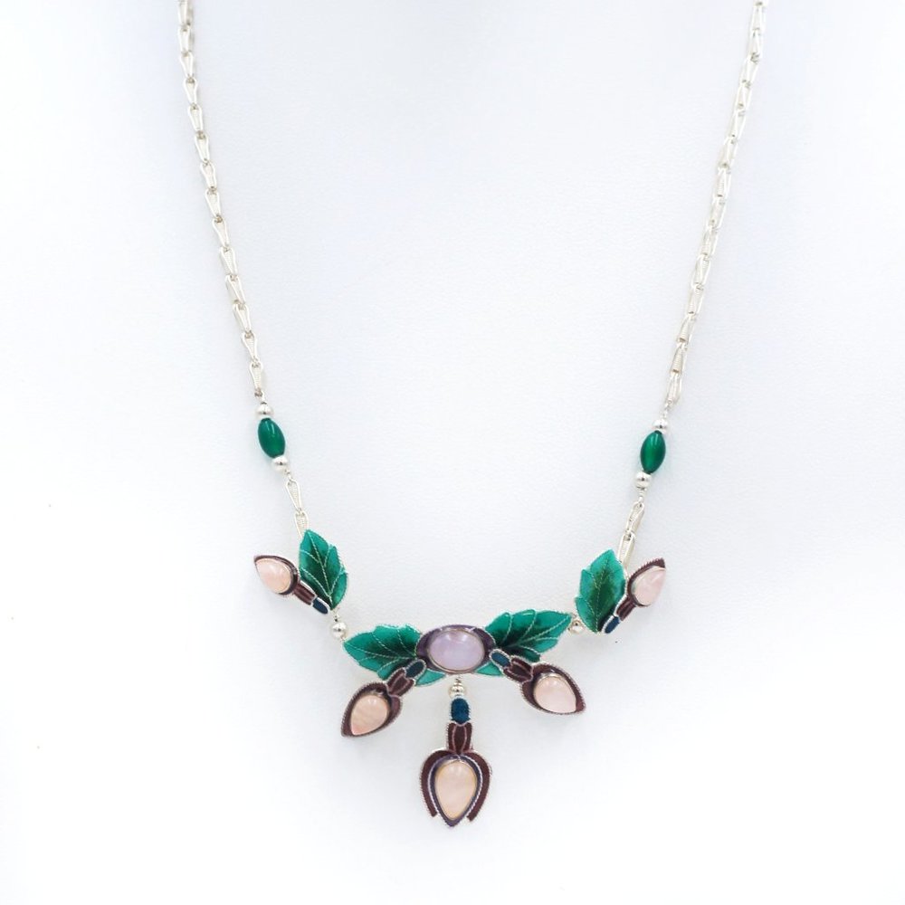 Zarah 925 Sterling Silver Enamel Original Gem Stone Leaf Necklace